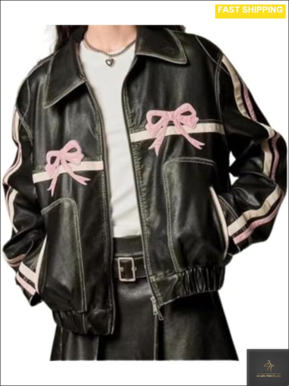 Faux Leather Jacket Bowknot Graphic Motorcycle Crop Oversized Grunge Y2K